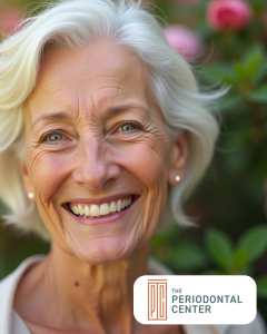 Woman smiling in front of flower bush